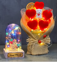Kişiye Özel Renkli Led Işıklı Fanus ve Led Işıklı Kalp Buketi (Model 7)