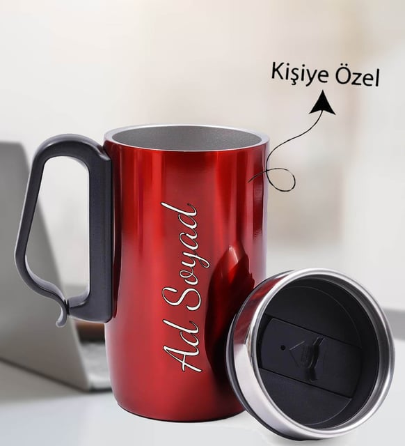 Kişiye Özel Kulplu Kırmızı Çelik Termos Bardak Siyah 240 ML