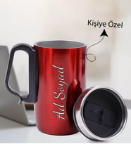 Kişiye Özel Kulplu Kırmızı Çelik Termos Bardak Siyah 240 ML