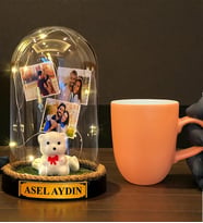 Kişiye Özel Tasarım Led Işıklı Fanus ve Turuncu Kupa Bardak Hediye Seti (Model 3)