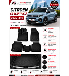 CITROEN C3 ELEKTRIKLI 2025-2026 Araca Özel 3D Paspas + 3D Bagaj Havuzu