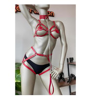 Kırmızı Deri Tasma Detaylı Şık Harness Takım (Siyah)