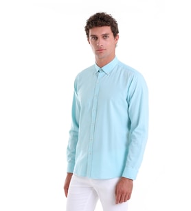 Hatemoğlu Su Yeşili Comfort Fit Düz %100 Pamuk Slim Yaka Uzun Kollu Casual Oxford Gömlek