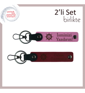 Gemi Dümeni Temalı Deri Anahtarlık Seti, Sevgiliye Özel Hediye, Kişiselleştirilebilir, Pembe-Bordo