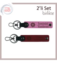 Gemi Dümeni Temalı Deri Anahtarlık Seti, Sevgiliye Özel Hediye, Kişiselleştirilebilir, Pembe-Bordo