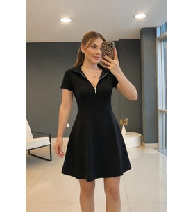Kadın Kısa Kollu Yakası Fermuarlı Kısa Viskon Iki Iplik Elbise (Siyah)