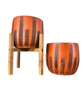 Bitki Tasarımı  Siyah Çizgi Desenli Toprak Saksı Saksılık Salon Çiçeklik İkili Set Ayaksız - 4 Ayaklı- 19 CM