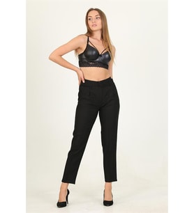 Neşeli butik kadın siyah kemerli beli lastikli yeni sezon kumaş pantolon QNS032