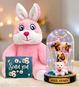 Kişiye Özel 3 Fotoğraflı Renkli LED Işıklı Fanus(beyaz ayıcıklı) ve Sevimli Peluş Tavşan Sevgiliye Hediye Kadına Hediye