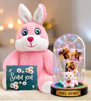 Kişiye Özel 3 Fotoğraflı Renkli LED Işıklı Fanus(beyaz ayıcıklı) ve Sevimli Peluş Tavşan Sevgiliye Hediye Kadına Hediye