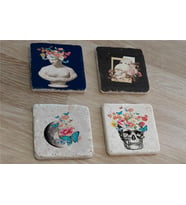 Çiçekli Heykel Kuru Kafa ve Dünya Doğal Taş Bardak Altlığı 4'lü set - Natural Stone Coasters