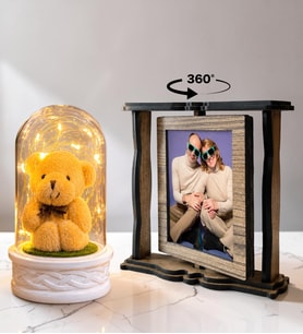 Kişiye Özel 2 Fotoğraflı Dönen Ahşap Çerçeve ve LED Işıklı Ayıcıklı Fanus Hediye Seti