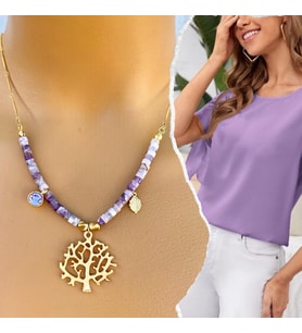 Manna by Banu, PURPLE TREE OF LİFE Kolye, Doğal Taş, Ametist, Altın Kaplama, El Yapımı, Kadın Gerdanlık