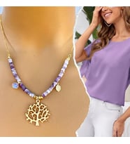 Manna by Banu, PURPLE TREE OF LİFE Kolye, Doğal Taş, Ametist, Altın Kaplama, El Yapımı, Kadın Gerdanlık