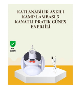 Mey İthalat® Güneş Paneliyle Şarj Olan Katlanabilir LED Çadır Lambası – 5 Kademeli Aydınlatma