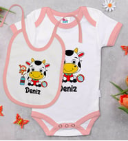BK Kids Kişiye Özel İsimli Pembe Bebek Body Zıbın ve Mama Önlüğü Hediye Seti-31