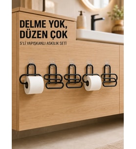 Siyah Metal Tuvalet Kağıdı Tutucu 5’li Set Yapışkanlı Duvar Tipi Banyo Wc Askısı