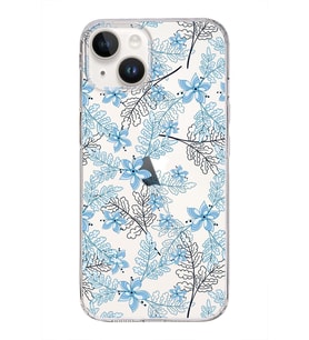 Apple iPhone 14 Uyumlu Kapak Floral Mavi Tasarımlı Şeffaf Silikon Kılıf