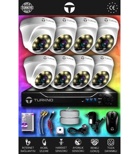TURKNO 8 Kameralı Domie 8 İç Kamera Set HDD'siz Full HD Renkli Gece Görüşlü Güvenlik Kamerası Sistemi