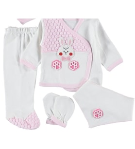 Minik Tavşan Bebek %100 Pamuk 5’li Lux Zıbın Seti Nohutlu Kumaş Hastane Çıkışı (Pembe)