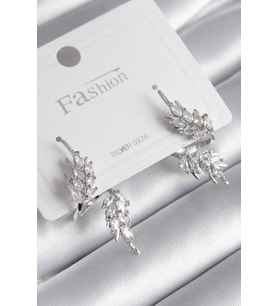 Pirinç Gümüş Renk Zirkon Taşlı Yaprak Model Kadın Küpe TJ-BKP8608