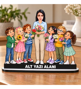 Kişiye Özel Okul Öncesi Öğretmeni Karikatürlü 18 cm MDF Masaüstü Biblo - Öğretmen Hediyesi Öğretmene Özel Hediye