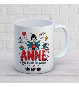 Kişiye Özel Anne Tasarımlı Bin Çözüm Yazılı İsimli Seramik Kupa Bardak