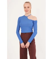 23254279 Kaşkorse Tek Omuz Yaka İpli Crop Bluz MAVI (Mavi)