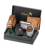Polo Air Erkek Set Kombin Kemer Cüzdan Karlık Parfüm Kol Saati Hediyelik Kutusunda Set PL-0975E (Turuncu-Gri)