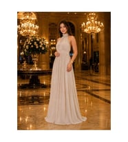 kadın taş rengi halter yaka janjan kumaş premium abiye elbise NBMY4128