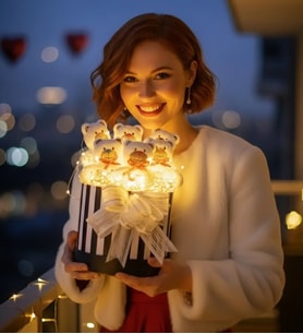 LED Işıklı Anneler Günü Hediyesi Silindir Şık Kalpli Pembe Kutuda Kalpli Balonlu 6’lı Fuşya Ayıcık Buketi Kıza Sevgiliye Hediye (Beyaz)
