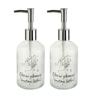 2 ADET CAM SIVI SABUNLUK,LÜTFEN YAZILI 300ML BANYO SETİ  7,6X15,5CM