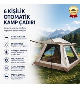 Su Geçirmez & Güneşlikli 6 Kişilik Otomatik Kamp Çadırı