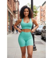 Giyim Kadın Açık Mavi Fit Görünümlü Yüksek Bel Spor Crop Top Şort Takımı