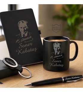 İsme Özel  Mustafa Kemal Atatürk Tasarım Kupa Bardak, Defter, Kalem, Anahtarlık  Premium Tasarım Erkek Kadın Hediye Seti
