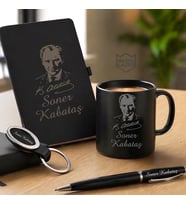 İsme Özel  Mustafa Kemal Atatürk Tasarım Kupa Bardak, Defter, Kalem, Anahtarlık  Premium Tasarım Erkek Kadın Hediye Seti