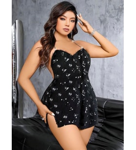 Arias Closet Özel Tasarım Büyük Beden Siyah Payetli Parlak Işıltılı Zincir Sırt Dekolteli Mini Club