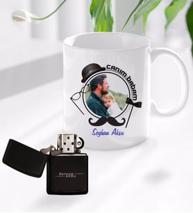 BK Gift Kişiye Özel Babalar Günü Hediyesi Fotoğraflı Kupa Bardak ve Benzinli Çakmak Seti-91 (Model 1)