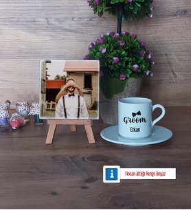 Groom Fotoğraflı Dekoratif Taş, Ahşap Altlıklı Türk Kahvesi Fincanı Hediye (Model 2)