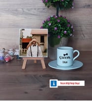 Groom Fotoğraflı Dekoratif Taş, Ahşap Altlıklı Türk Kahvesi Fincanı Hediye (Model 2)