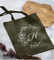 BK Gift Kişiye Özel Harfli Haki Kumaş Bez Çanta-4, Baskılı Omuz Çantası, Alışveriş Çantası