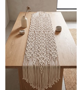 Pamuklu Püsküllü Makrome Runner 40x160 cm - Bohem Konsol Örtüsü