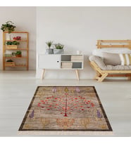 Ağaç Desenli Dijital Baskı Yıkanabilir Kaymaz Taban Etnik Kilim Desen Salon Halısı ve Yolluk (Kahverengi)
