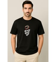 Erkek - Kadın Never Give Up Baskılı Unisex Yarım Kollu Bisiklet Yaka %100 Pamuk Oversize T-shirt (Siyah)