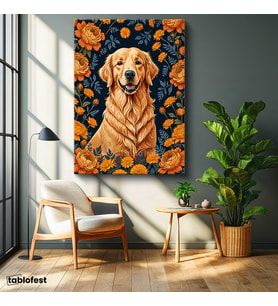 Dikey Kanvas Tablo Golden Retriever Çiçekler Hayvan Tablosu Ev Ofis Duvar Dekoru