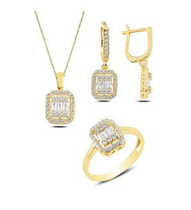 Baget Taşlı Üçlü Gümüş Modern Set Takım