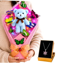 Renkli LED Işıklı Peluş Ayıcık Buketi ve Pembe Ametist Taşlı Lotus Kolye Sevgiliye Kadına Hediye Seti