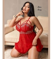 Intive Curvy Büyük Beden Çiçek Desenli Dantelli Transparan Feminen Gecelik (Kırmızı)