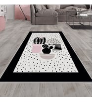 Gri Renkli Kaktüs Desenli Yıkanabilir Kaymaz Taban Leke Tutmaz Modern Salon Halısı ve Yolluk (Siyah-Gri)