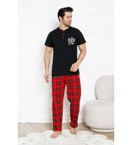 Erkek Pijama Takımı - Ekose Altlı-3 Düğmeli - %100 Pamuklu 12386 ENİSENA (Siyah)